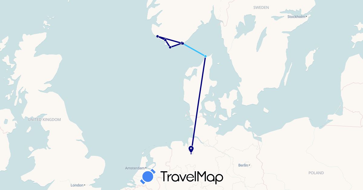 TravelMap itinerary: driving, boat in Germany, Denmark, Norway (Europe)